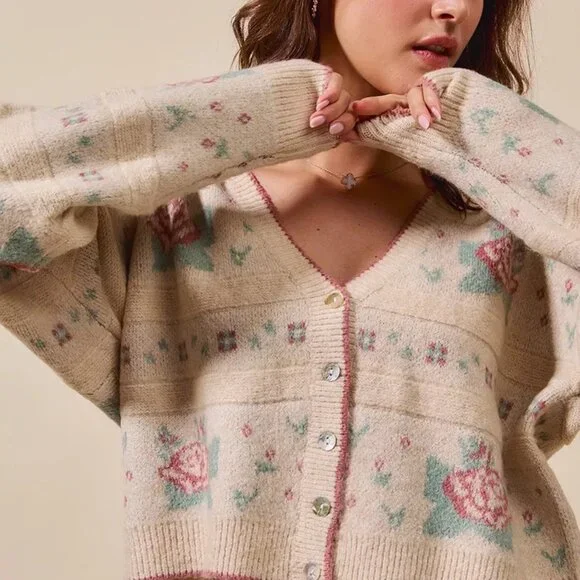 SO ME‎ Floral Pattern Long Sleeve Button Sweater Cardigan